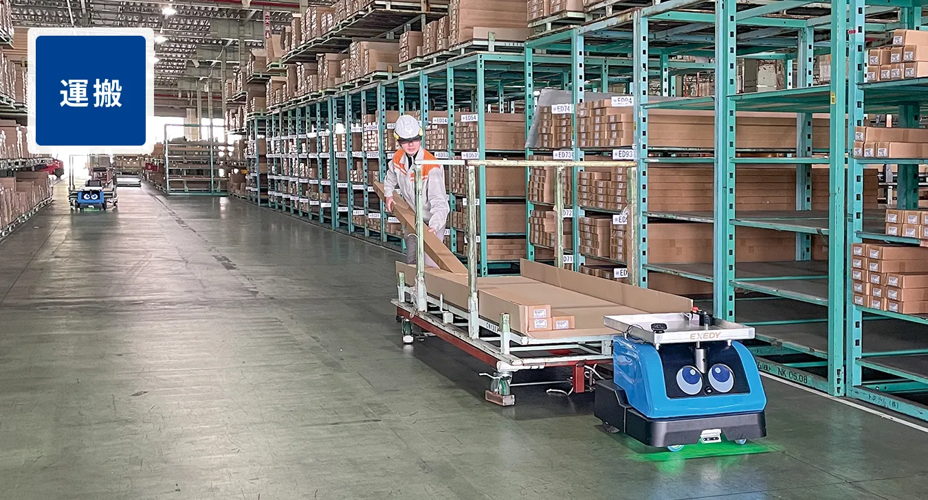 倉庫内で牽引台車を引くパワフルロボット｜Neibo公式サイト